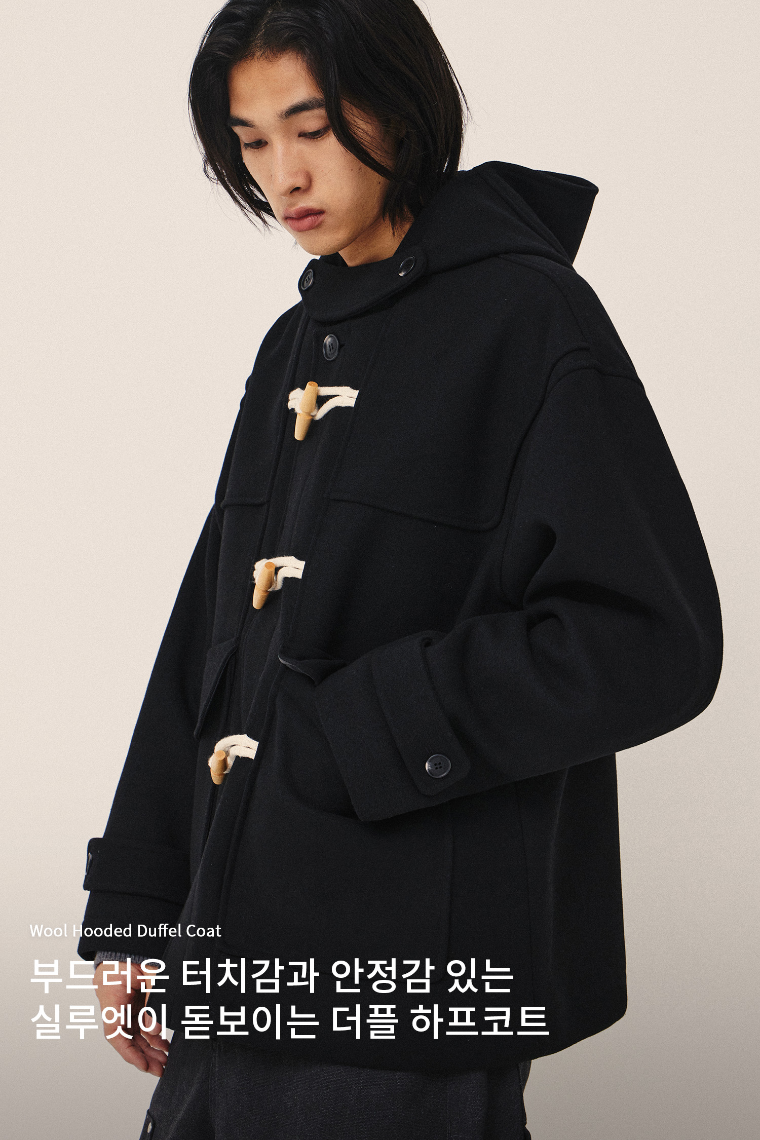MUSINSA公式 | KIIMUIR ウールフードダッフルハーフコート_ブラック